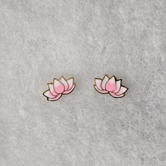Gold and Pink Lotus Petal Stud Earrings - Picture 3 of 4